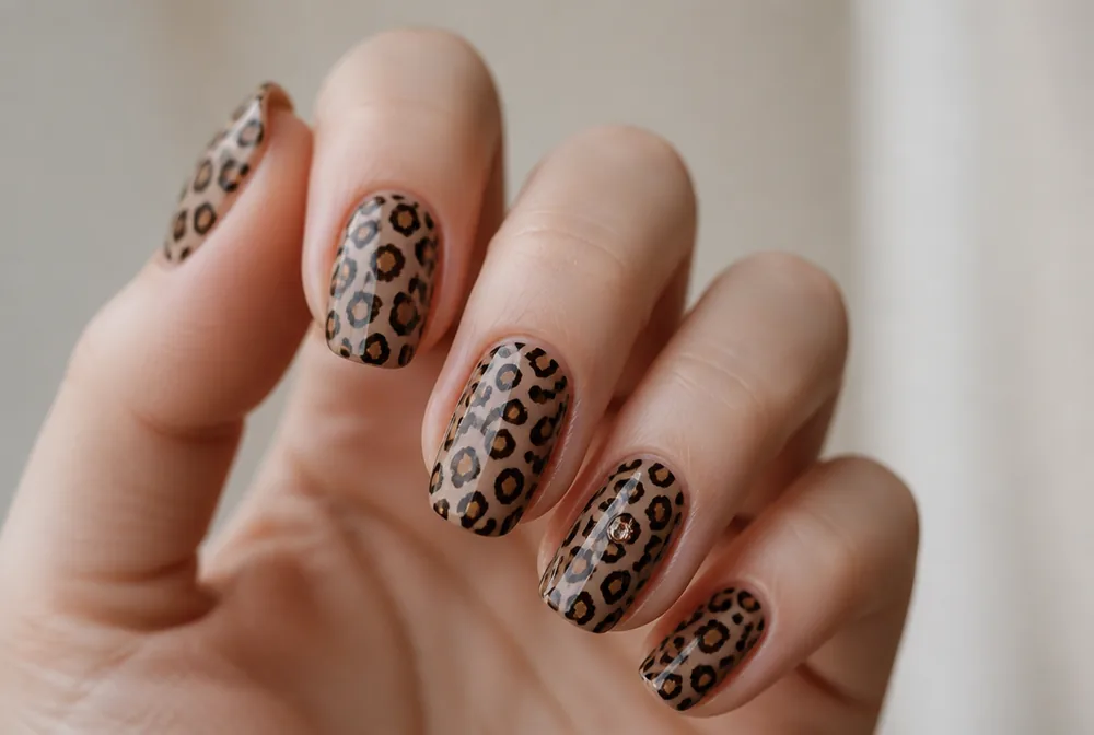 leopard print nails with a rhinestone accent