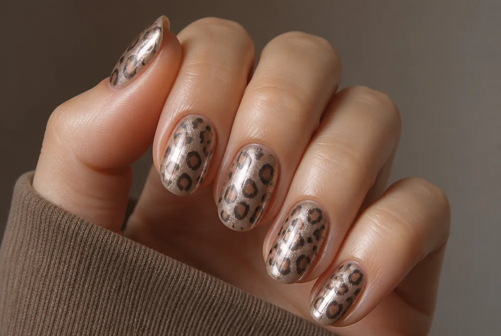 leopard print nails with pearl chrome overlay