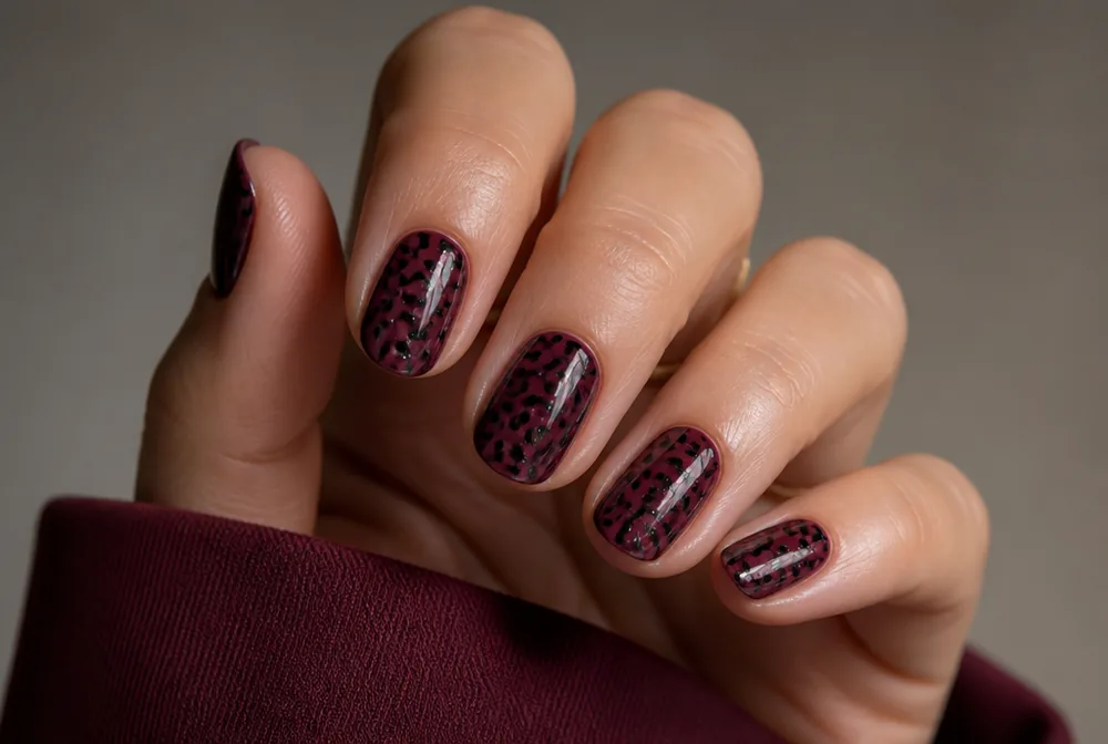 leopard print on burgundy nails