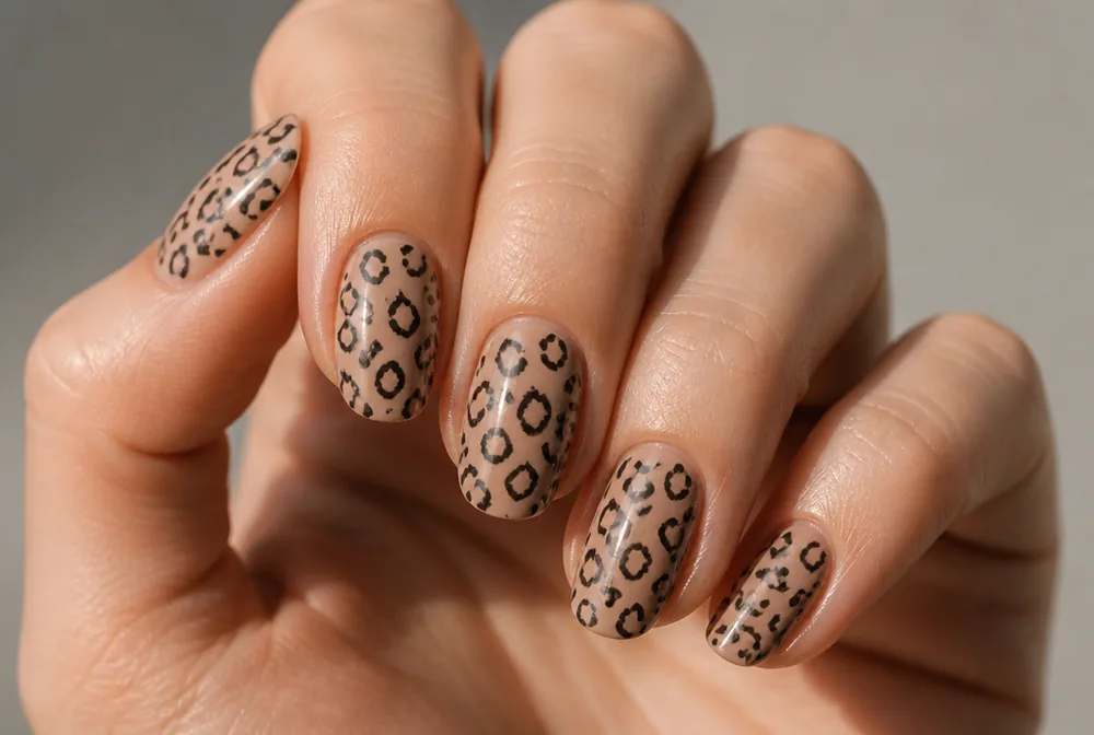 leopard print stamped nails on nude base