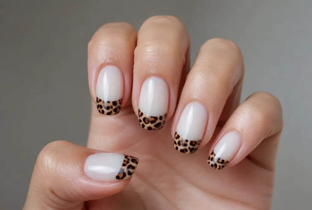 leopard print tips on milky white nails