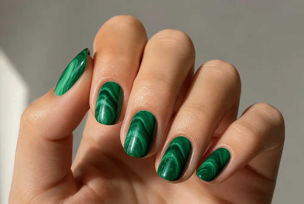 malachite green marble nails with banded pattern
