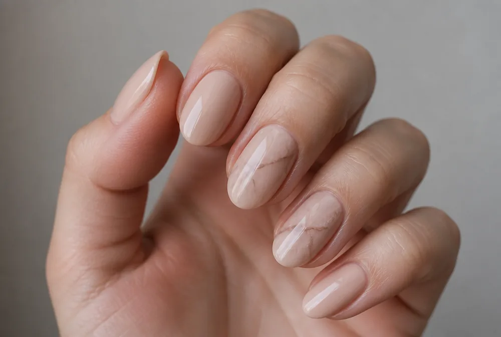 marble accent nails on a nude manicure