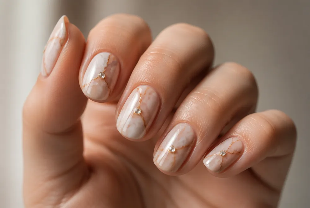 marble nails with a single rhinestone accent