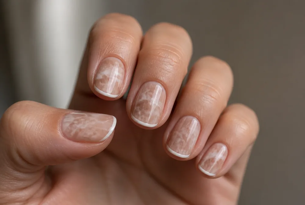 marble nails with micro French tip line