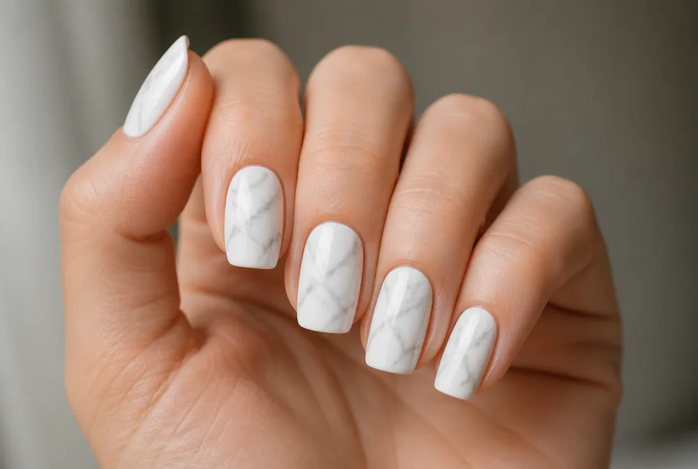 marble vein stamped nails on white base