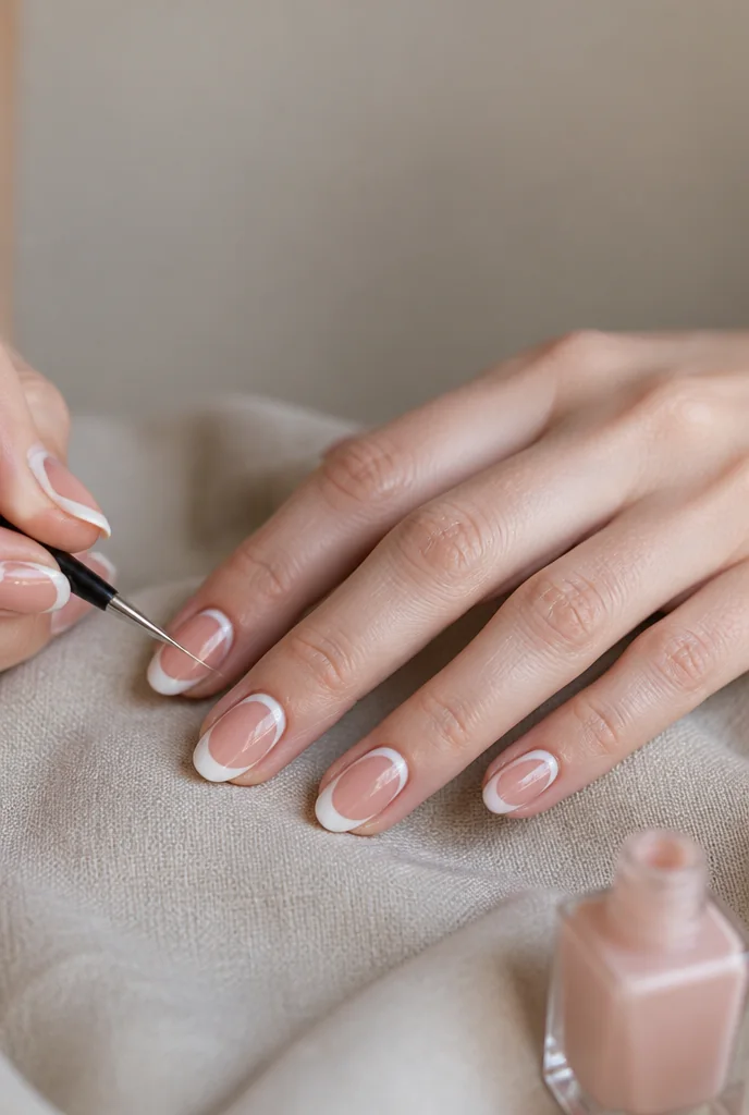 Painting a French tip freehand with a striping brush - PolishedAndPrettyNails.com Painting a French tip freehand with a striping brush