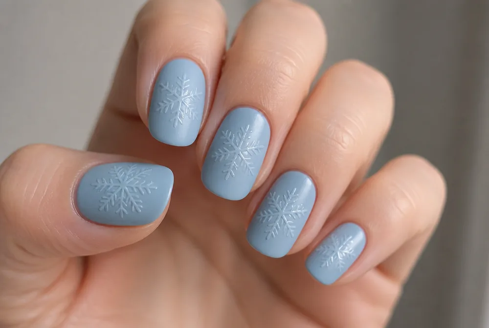 matte and gloss snowflake nail art on pale blue base