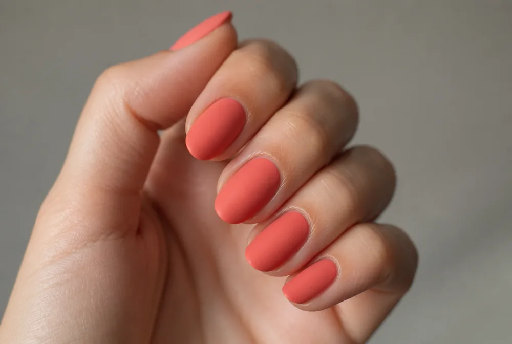 matte coral nails with soft finish