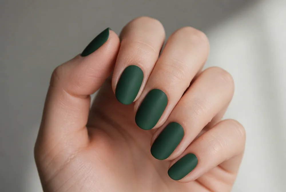 matte forest green nails with flat finish