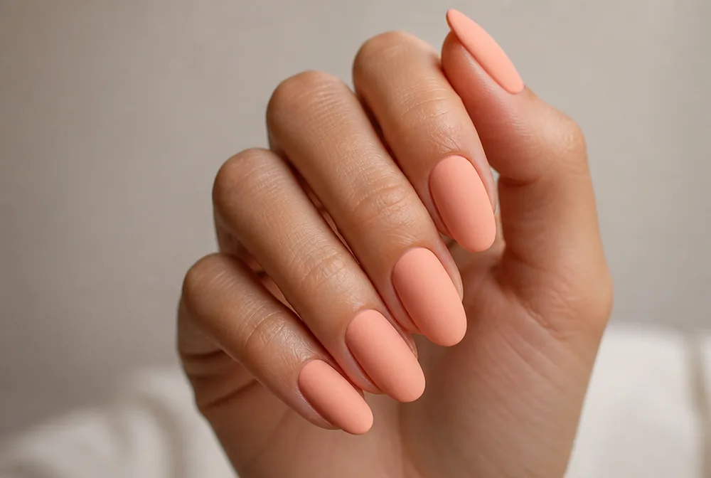 matte peach nails with soft finish