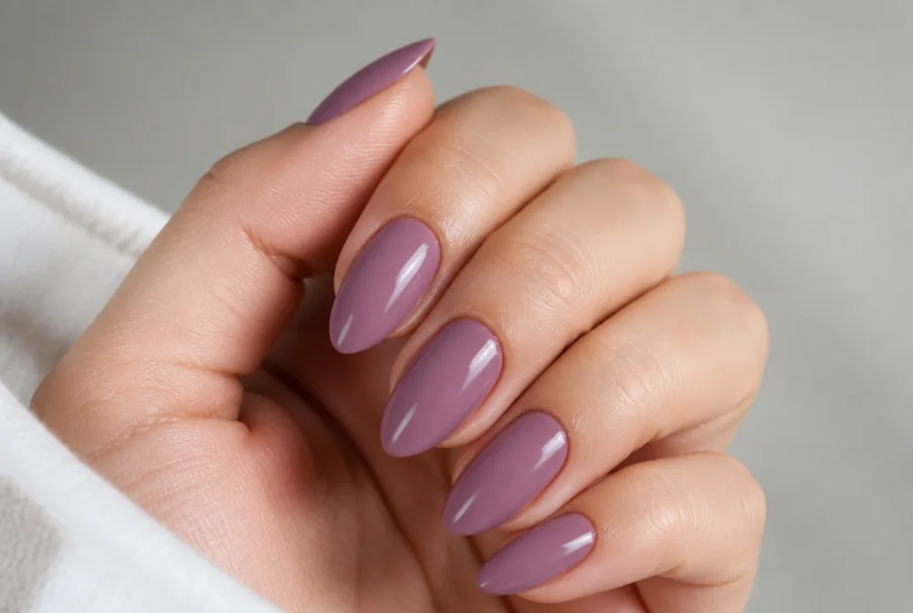 mauve pink nails on medium almond shape