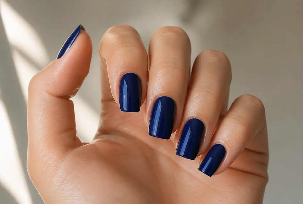 midnight navy blue winter nails on medium square nails - PolishedAndPrettyNails.com midnight navy blue winter nails on medium square nails