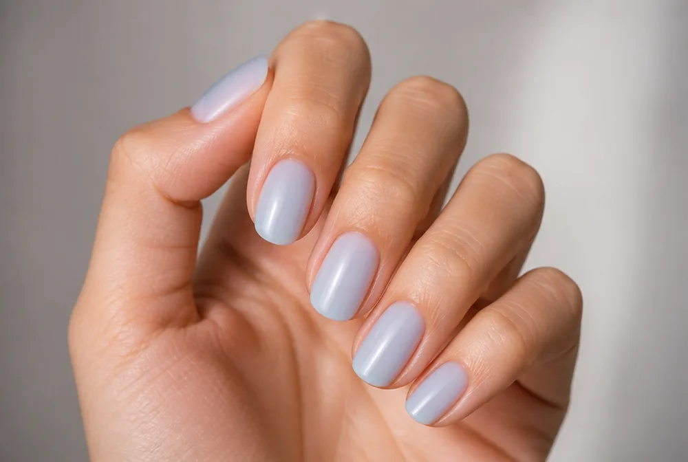 milky pale blue January nails