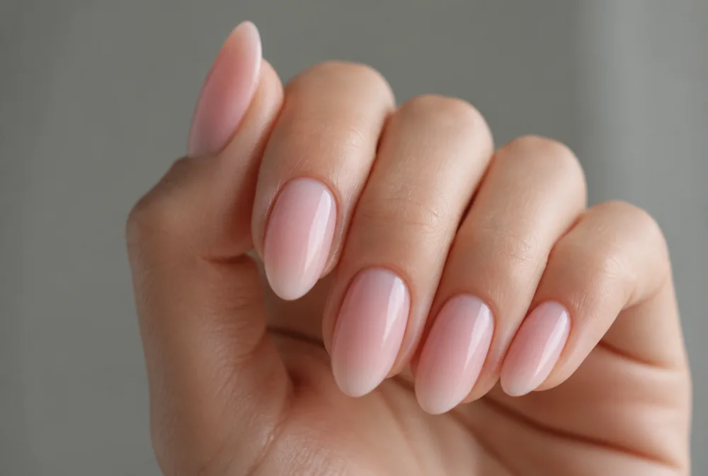 milky pink nails on almond shape with soft finish