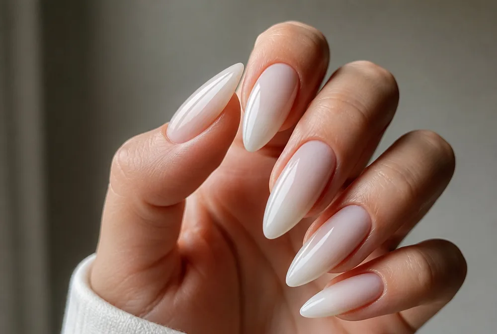 milky white stiletto nails with soft finish