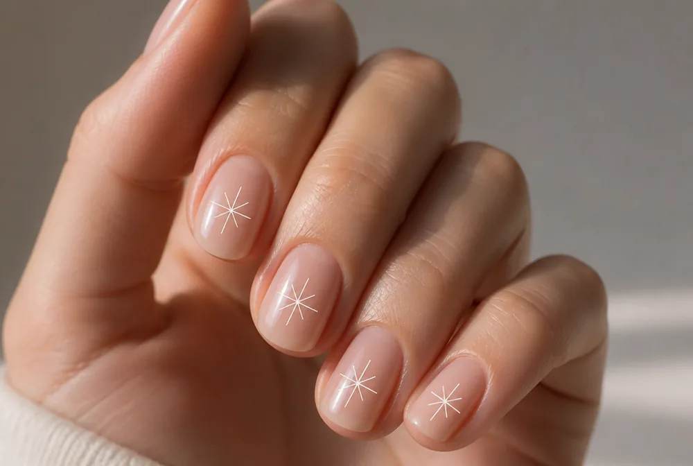 minimalist three stroke snowflake nail design on nude base