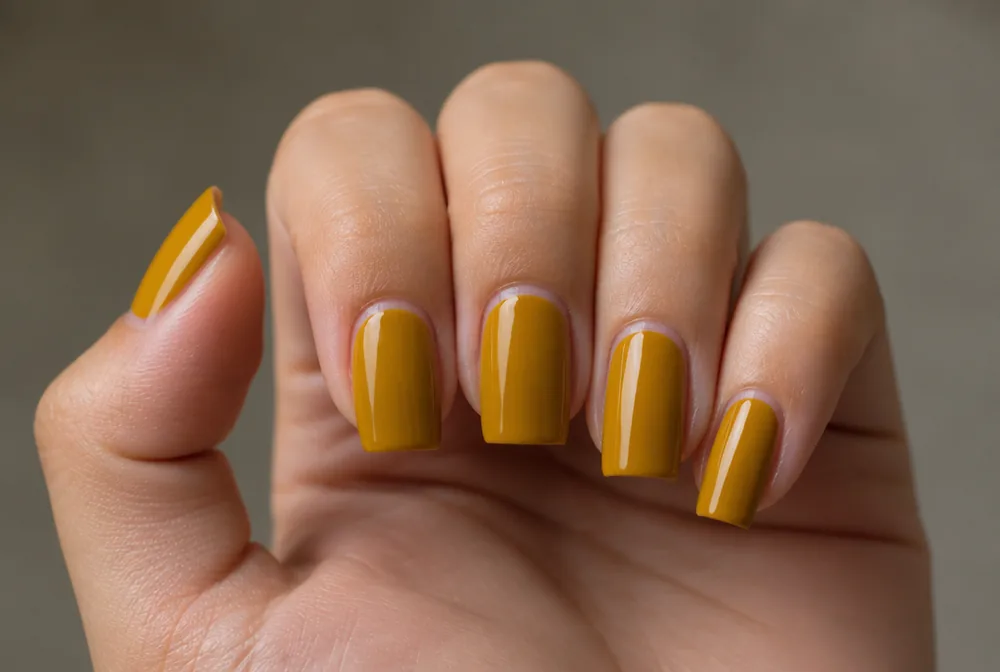 mustard yellow nails on medium square shape