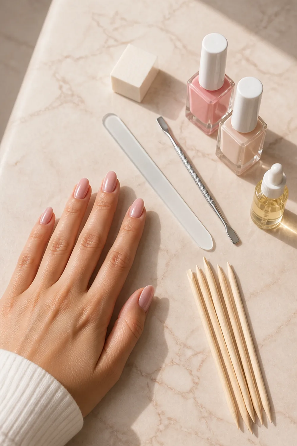 Manicure tools flat lay - PolishedAndPrettyNails.com Manicure tools on a marble table: glass nail file, cuticle pusher, buffer block, orangewood sticks, polish and cuticle oil