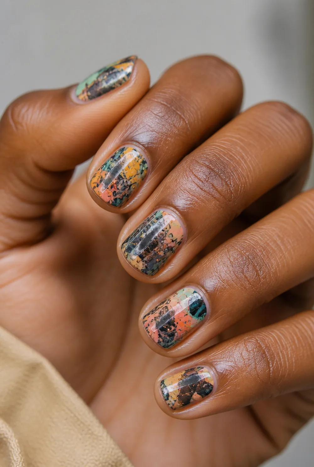 reverse stamping nail art on deep brown skin