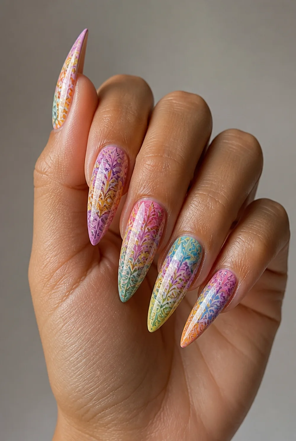 reverse stamping nail art on olive skin, long length