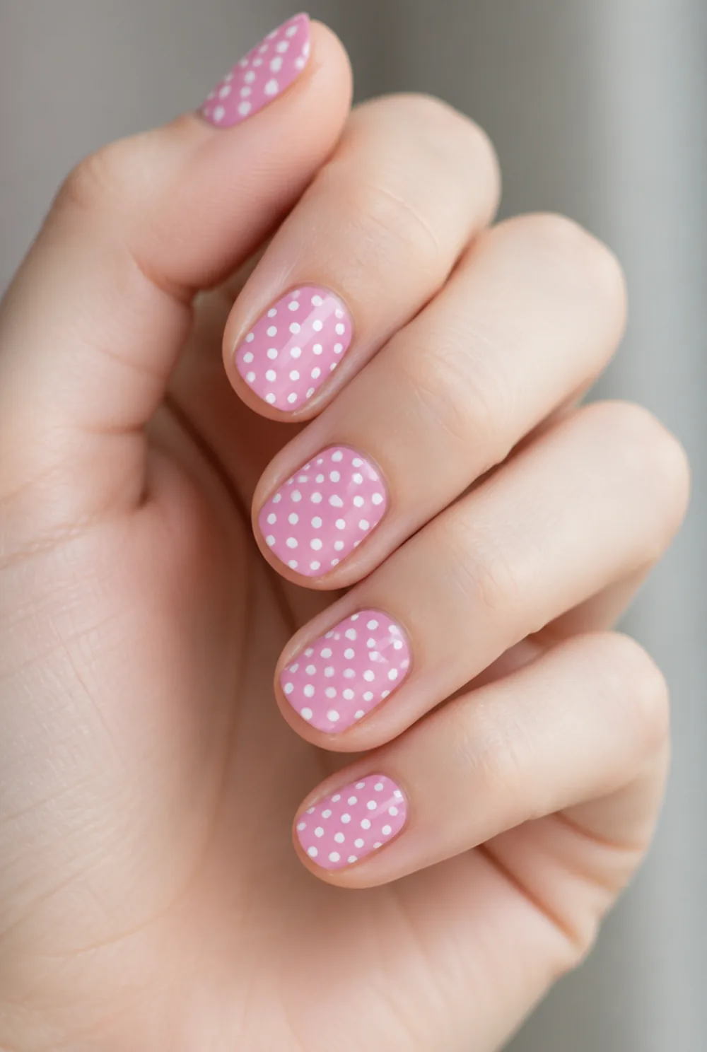stamped polka dots nail art on fair skin, short length