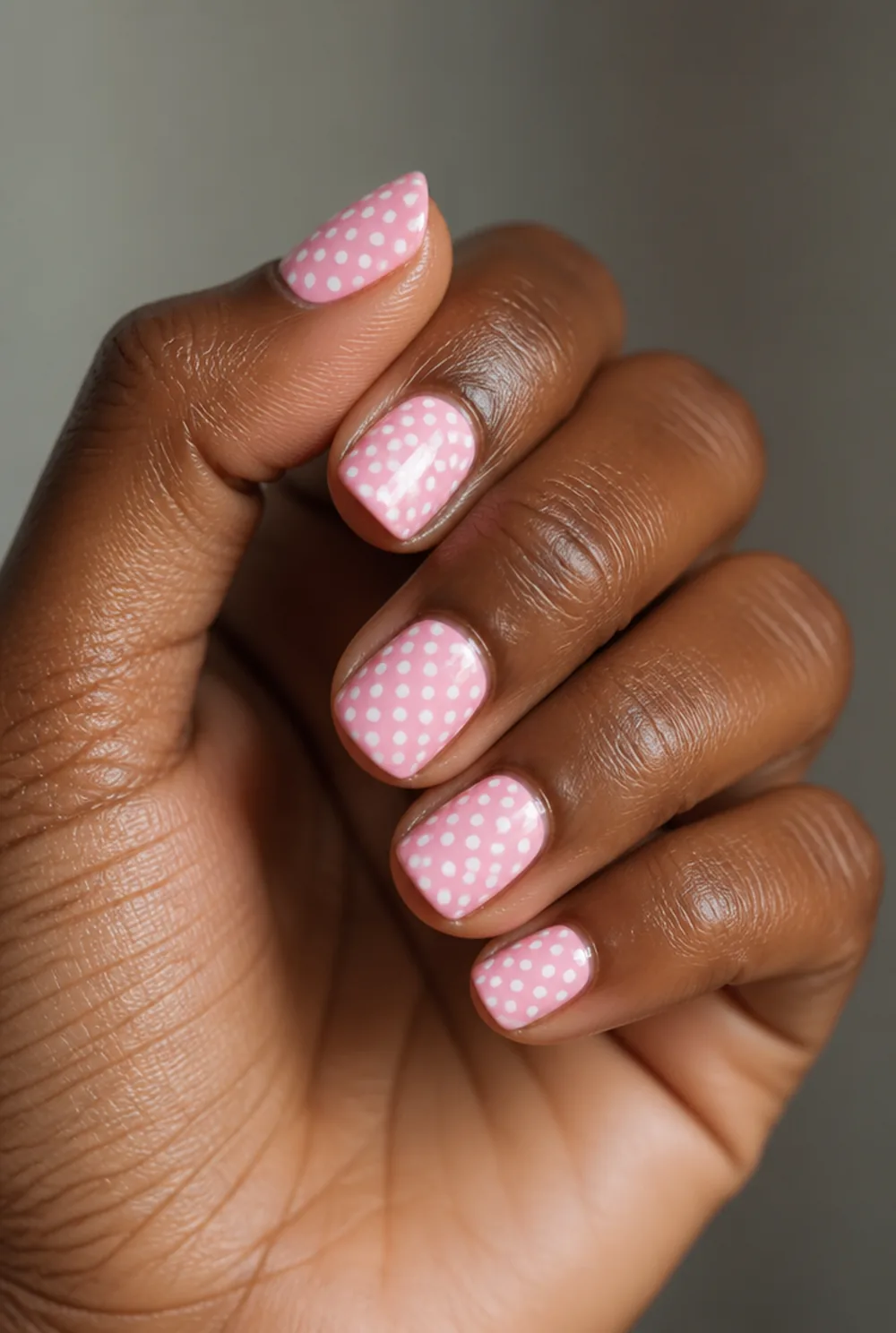 stamped polka dots nail art on deep brown skin