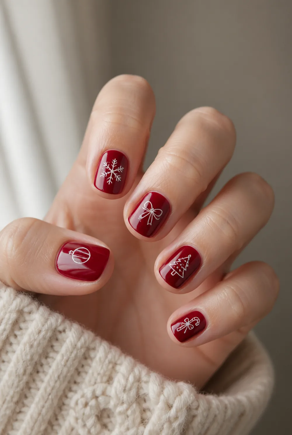 stamped christmas nails nail art on fair skin, short length