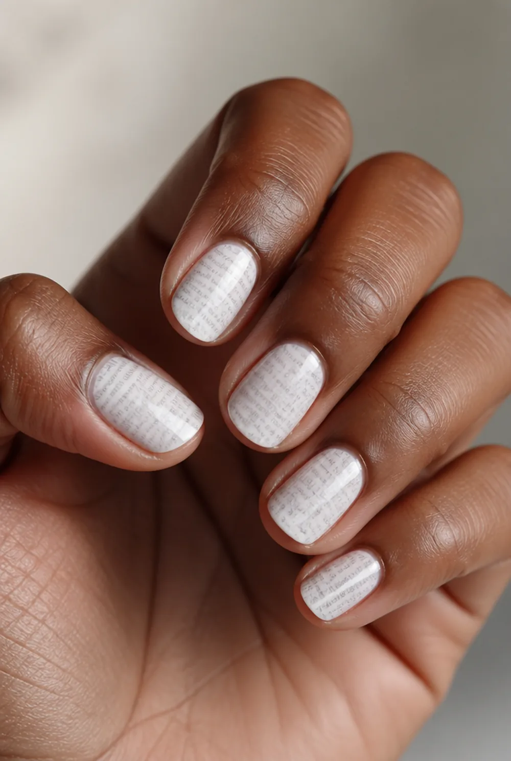 newspaper print nail art on deep brown skin