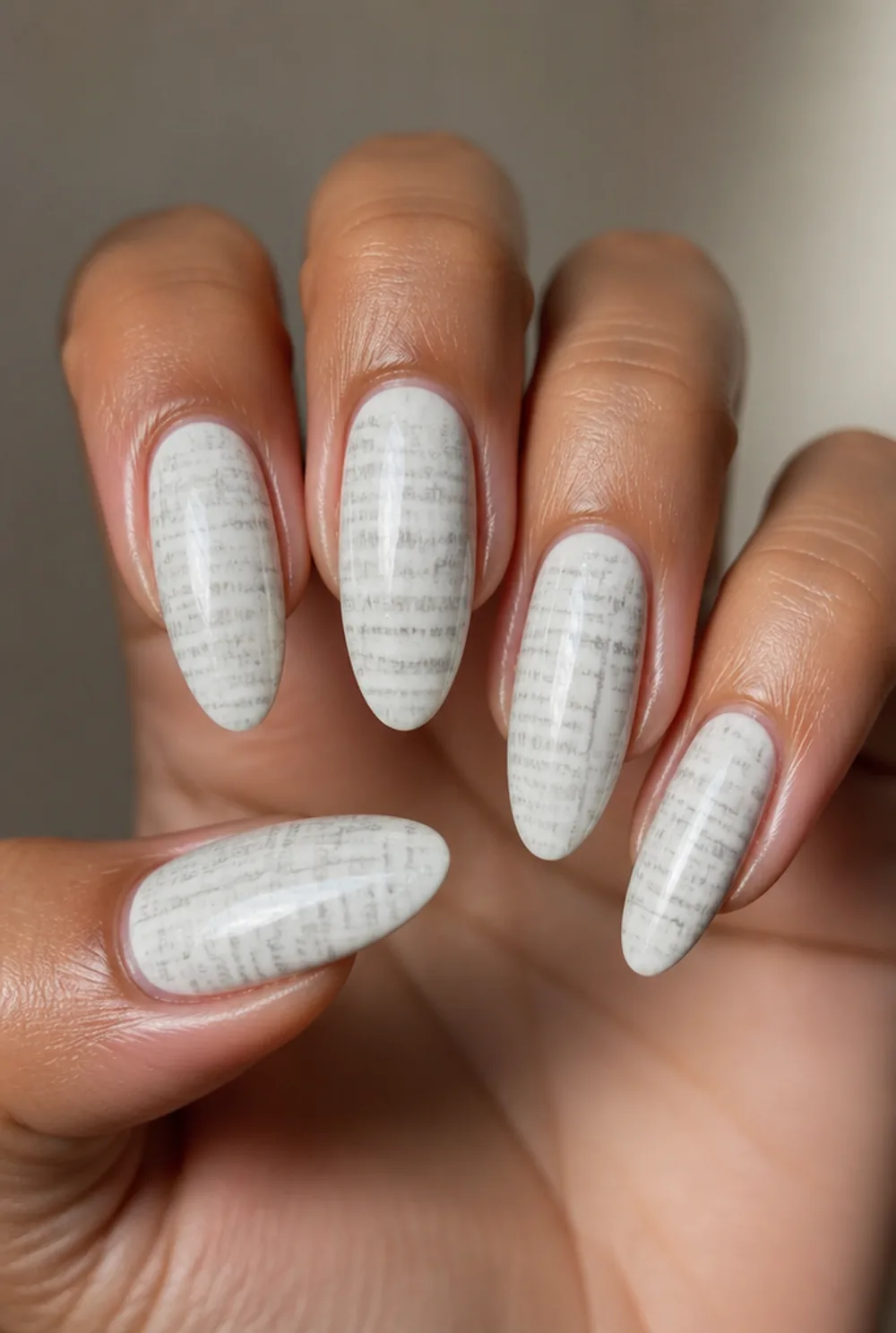 newspaper print nail art on olive skin, long length