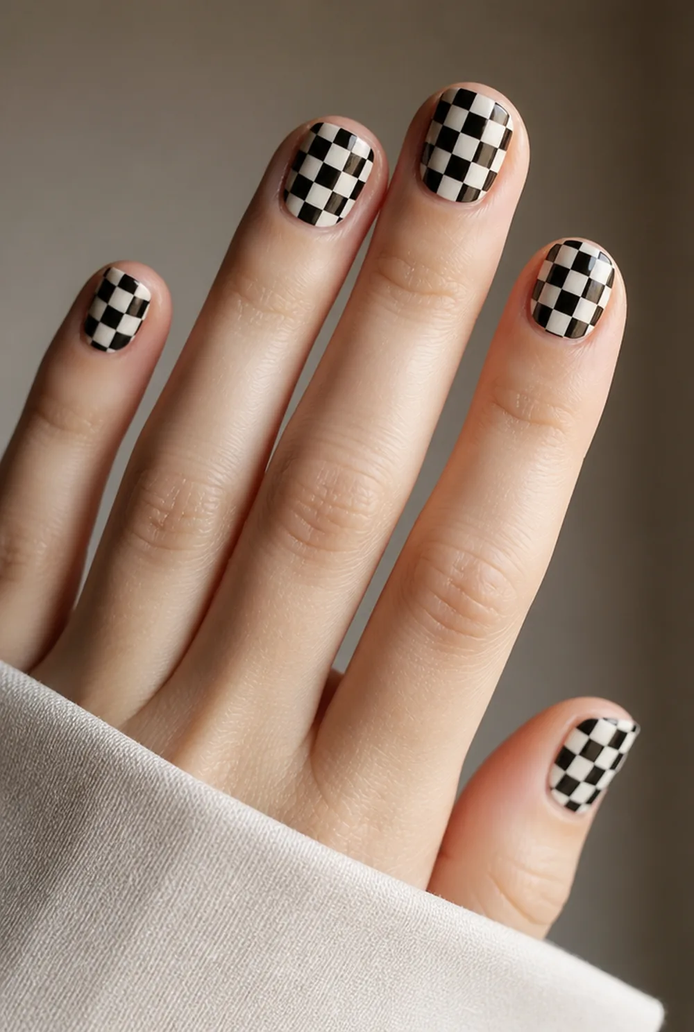 stamped checkerboard nail art on fair skin, short length