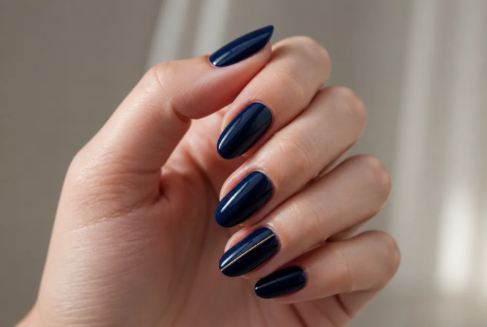 navy and gold line nail design