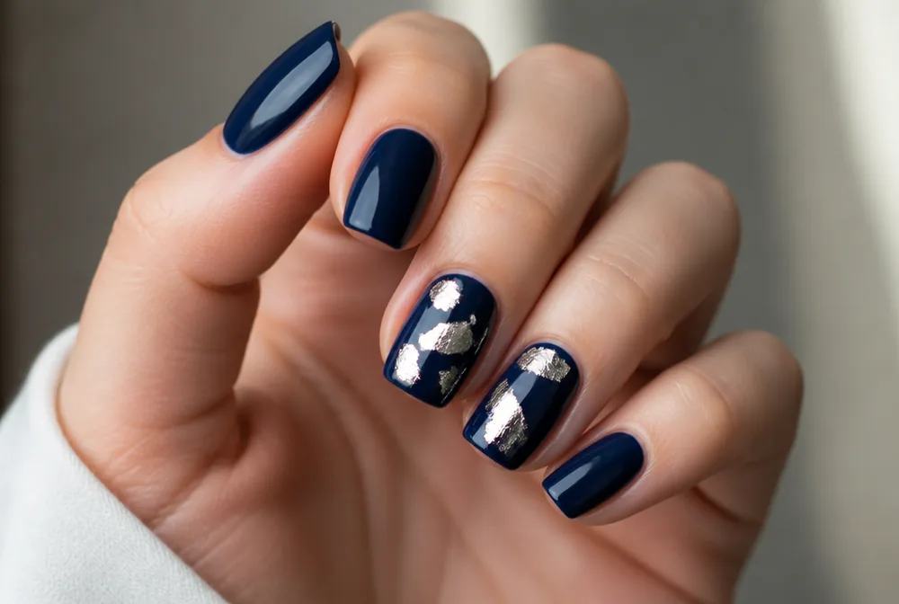 navy nails with silver foil accent detail