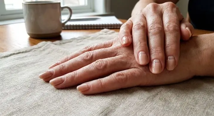 Negative Space Minimalism - PolishedAndPrettyNails.com Minimalist sheer nude manicure on mature hands resting on linen