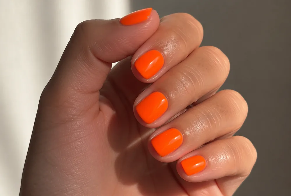 neon orange nails on very short square - PolishedAndPrettyNails.com neon orange nails on very short square