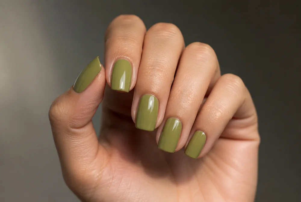 olive green nails on medium square shape