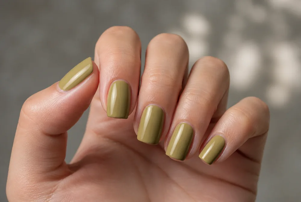 olive green October nails on medium square