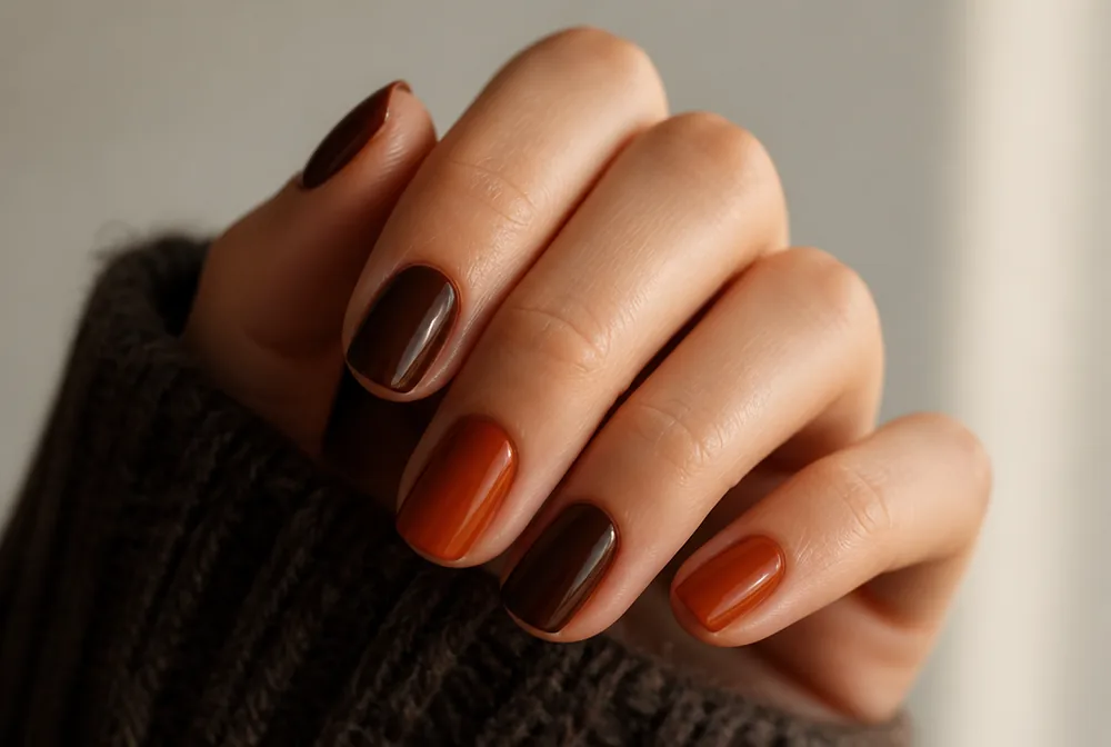 orange and brown alternating nails - PolishedAndPrettyNails.com orange and brown alternating nails