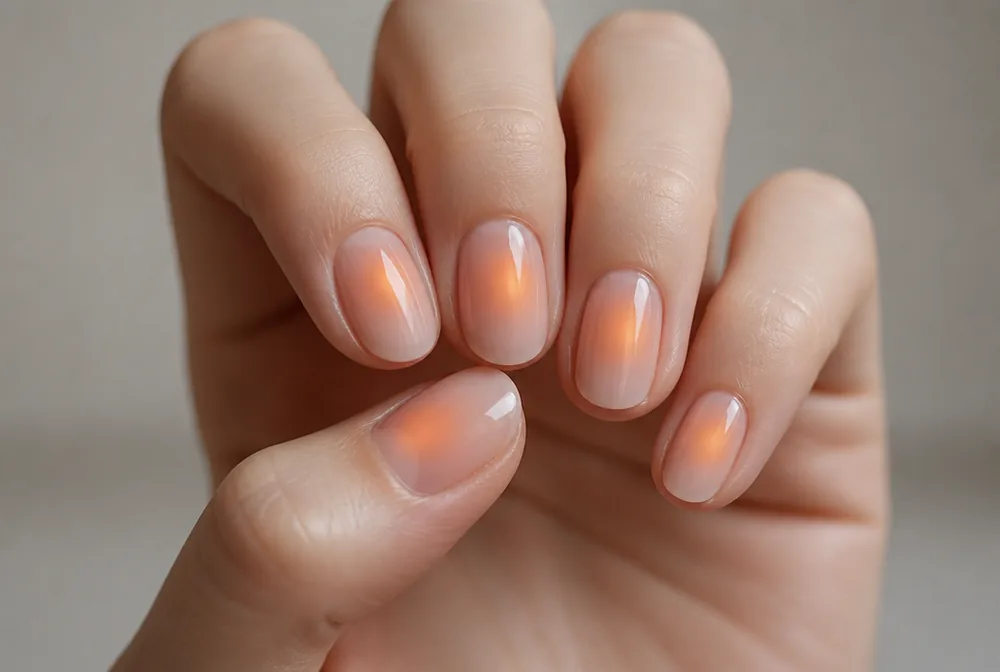 orange aura nails with warm centre glow - PolishedAndPrettyNails.com orange aura nails with warm center glow
