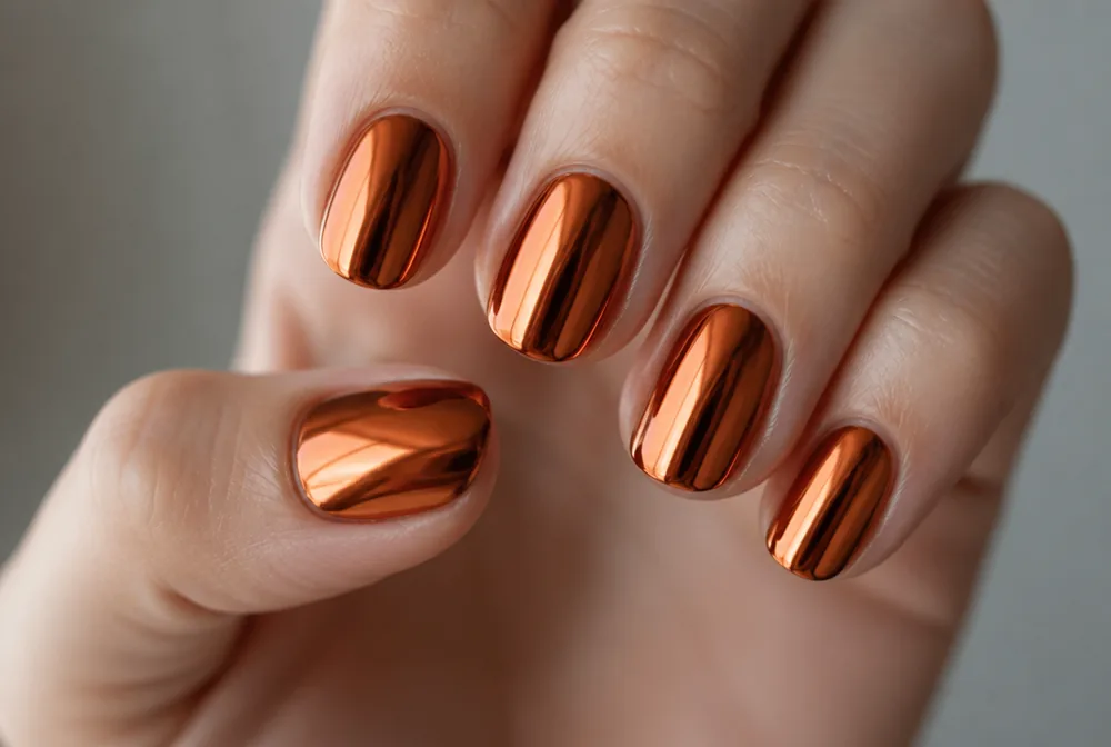 orange copper chrome nails with metallic finish - PolishedAndPrettyNails.com orange copper chrome nails with metallic finish