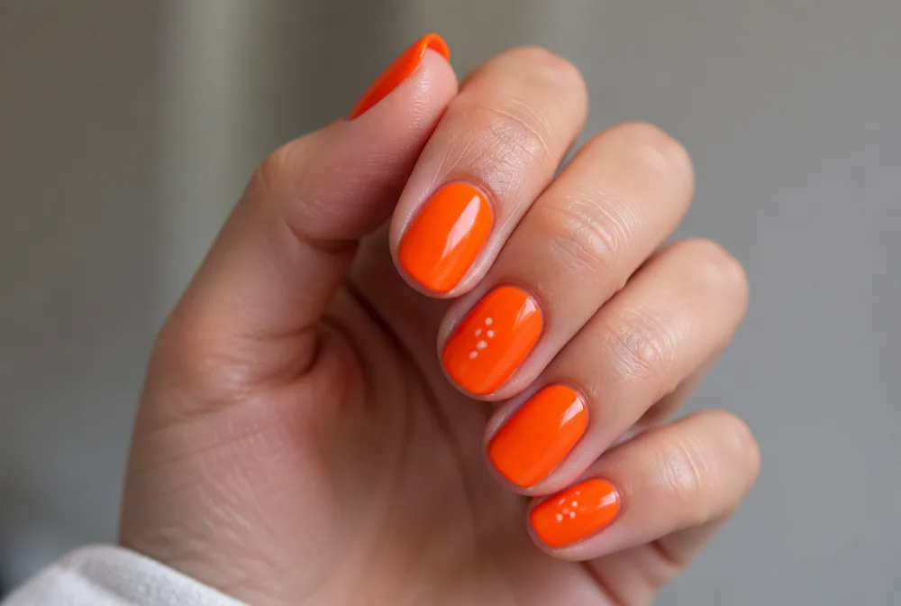 orange nails with white polka dots - PolishedAndPrettyNails.com orange nails with white polka dots