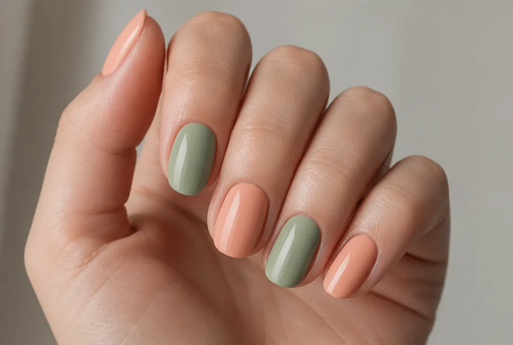 peach and sage green alternating nails