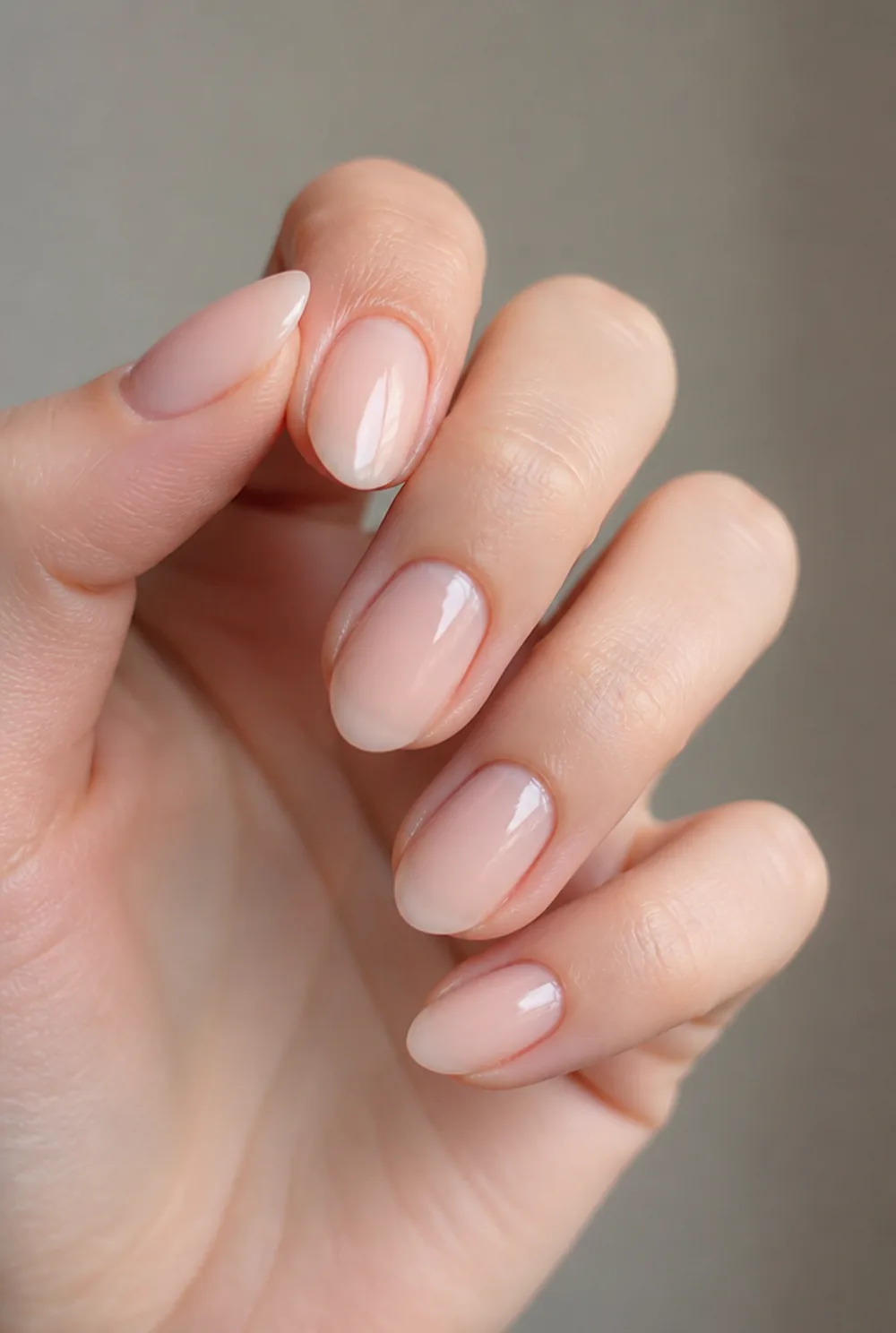 milky peach nail art on fair skin, short length
