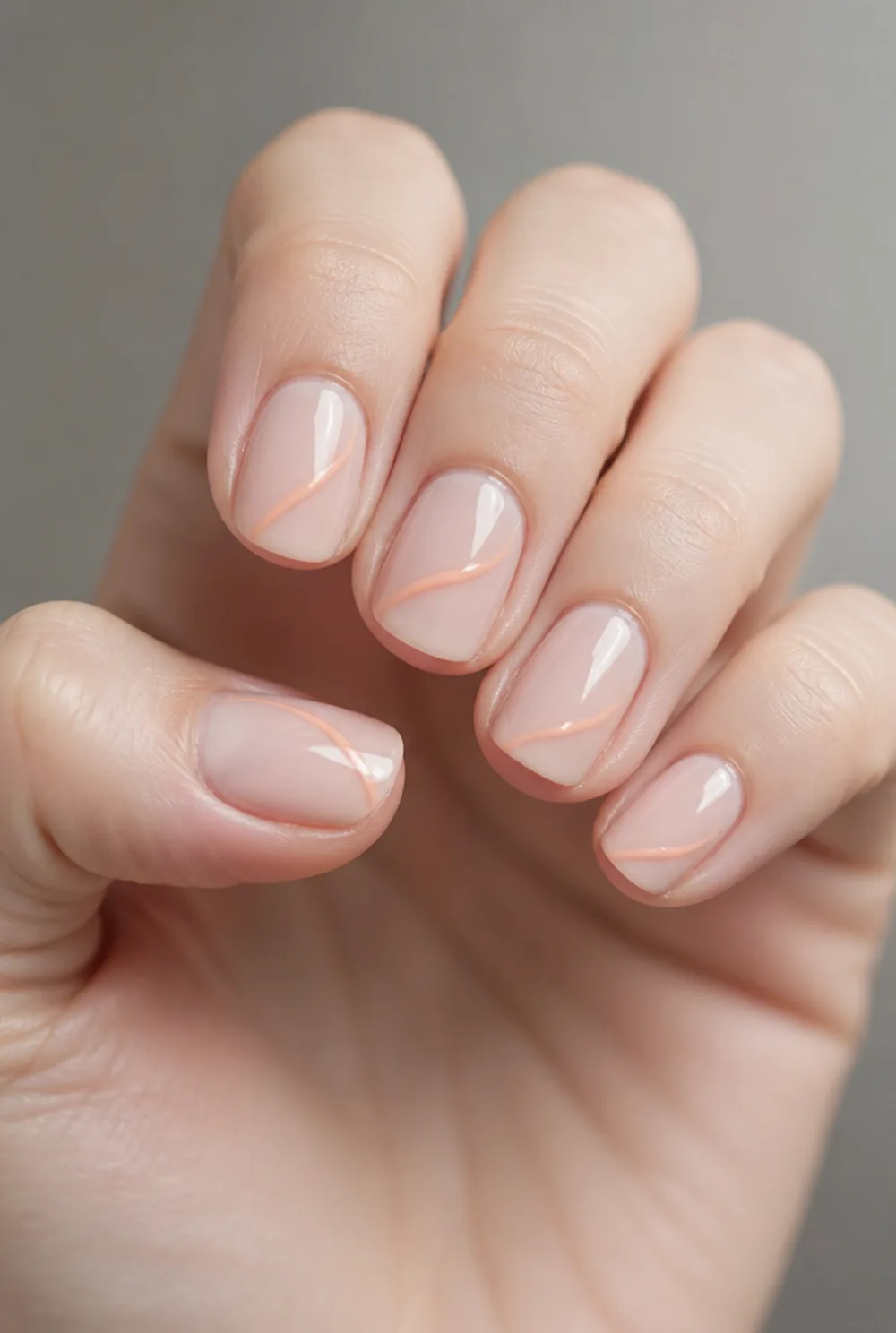 peach swirl nail art on fair skin, short length