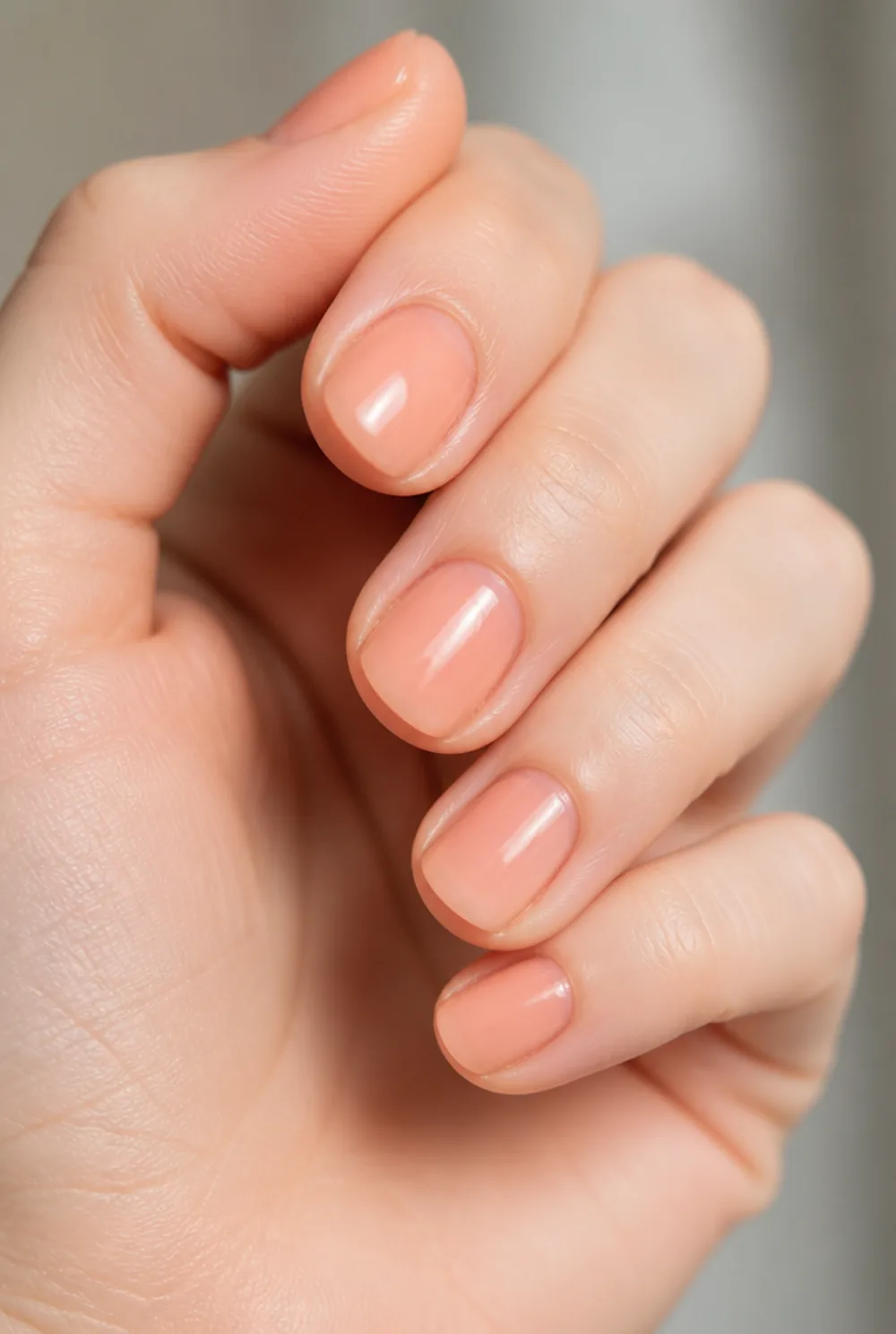 sheer peach jelly nail art on fair skin, short length