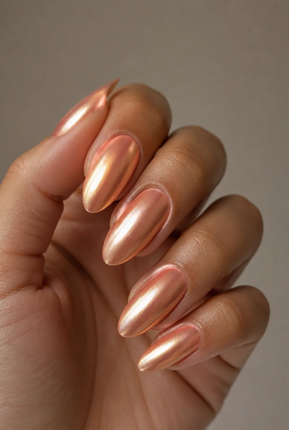peach chrome nail art on olive skin, long length