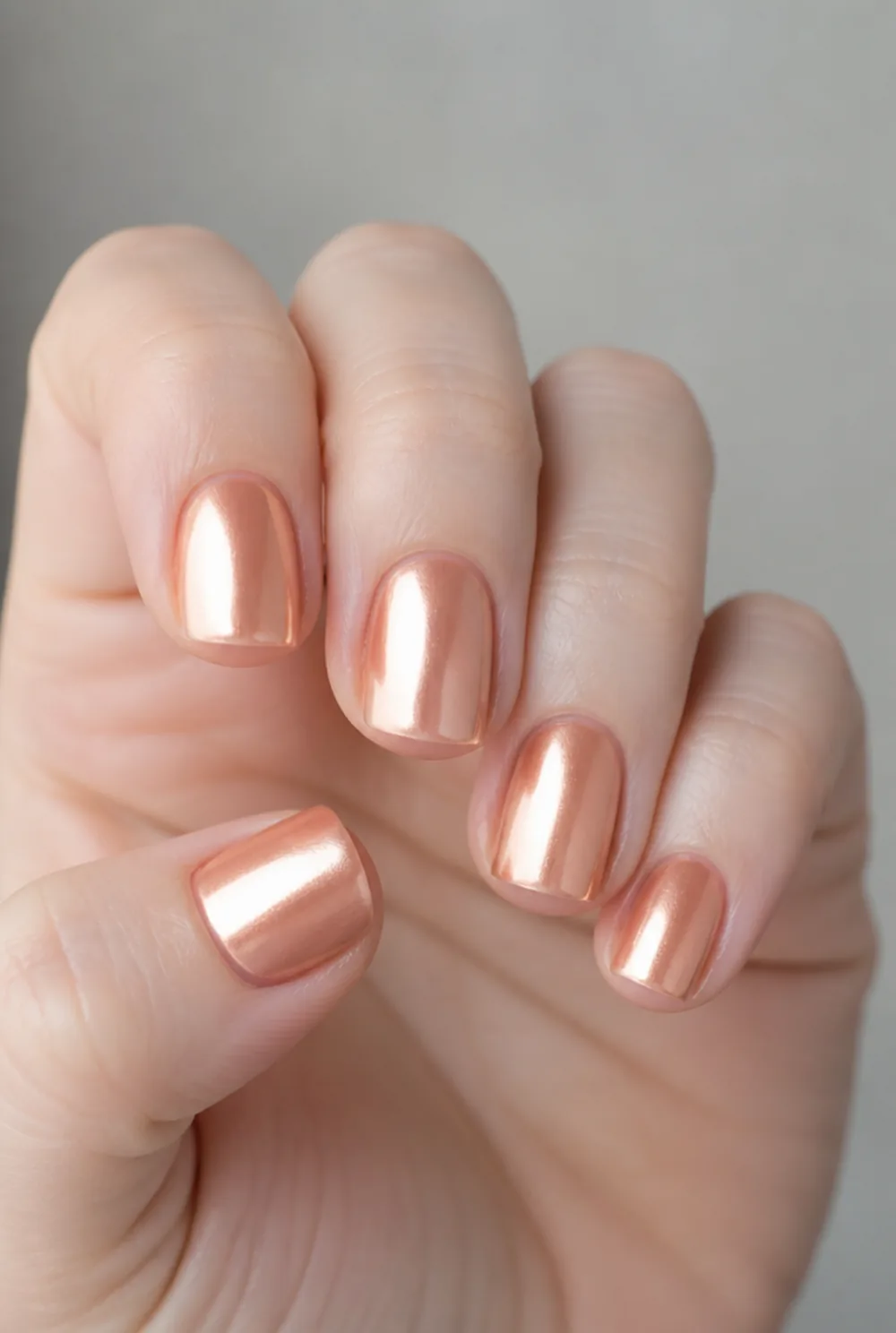 peach chrome nail art on fair skin, short length