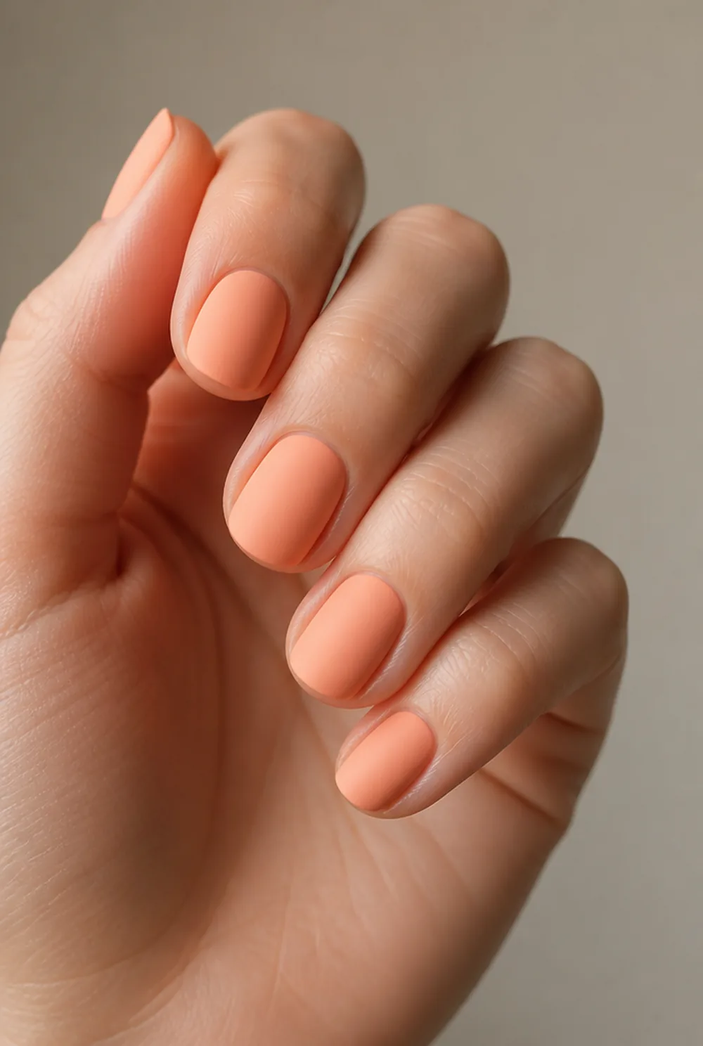 peach matte nail art on fair skin, short length