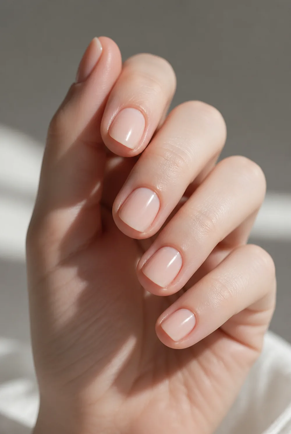 short peach squoval nail art on fair skin, short length