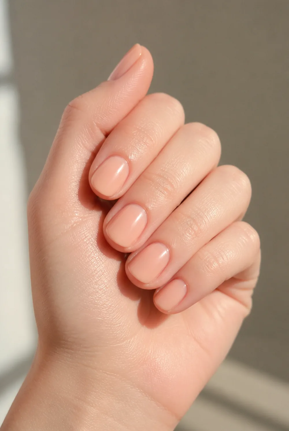 peach nude nail art on fair skin, short length
